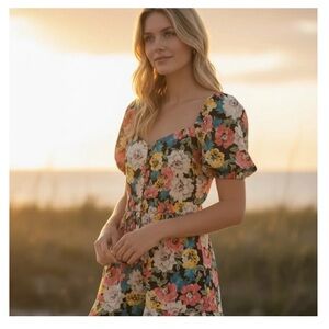 Zara Black Floral Puff-Sleeve Midi Dress - Multi